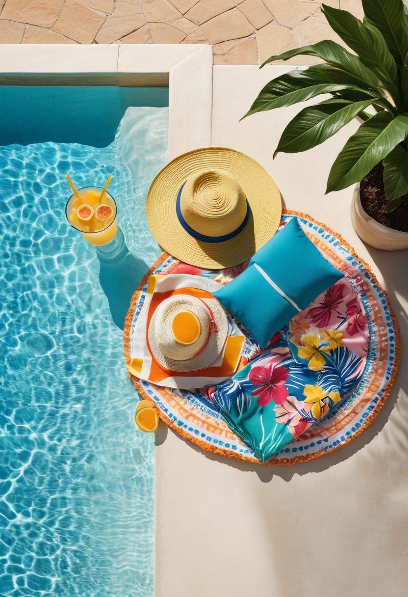 A sun-drenched poolside scene featuring vibrant beach towels, stylish swimsuits, trendy sunglasses, and chic sun hats. Include a refreshing drink on a nearby table and tropical plants framing the pool, all capturing the essence of sunny relaxation. bright colors. realistic style. summer vibes.