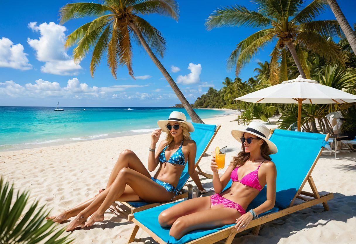 A vibrant beach scene capturing stylish women in a variety of colorful swimwear and beach fashion, lounging on lounge chairs, playing beach volleyball, and enjoying refreshing cocktails. The sun is shining brightly, with palm trees swaying in the breeze, and a clear blue ocean in the background. Include details like beach hats, sunglasses, and summer accessories to enhance the atmosphere of fun and relaxation. bright colors. super-realistic. summer vibe.